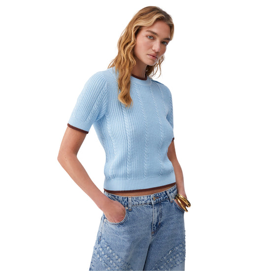 Maglia Donna a mezza manica a trecce Celeste modella frontale