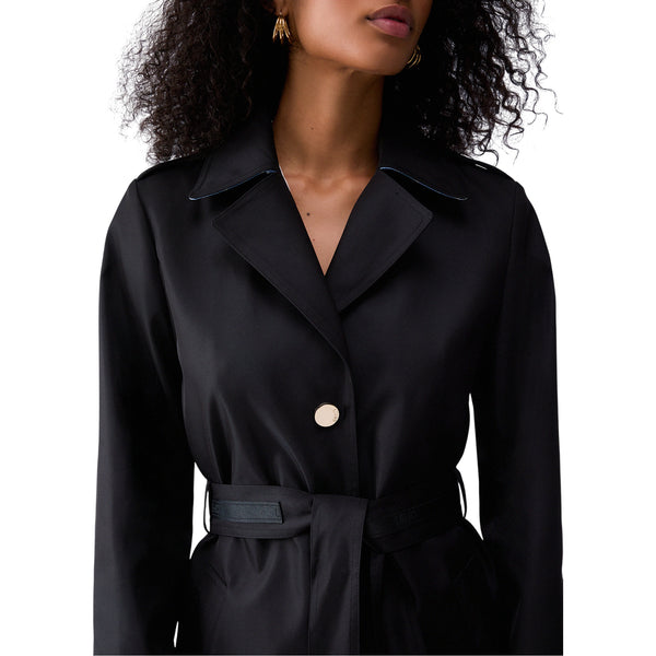 Trench nero lungo con cintura e bottoni oro