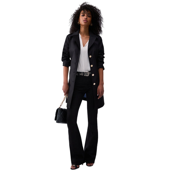 Trench nero lungo con cintura e bottoni oro