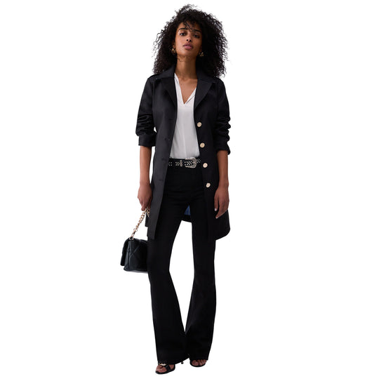 Trench nero lungo con cintura e bottoni oro