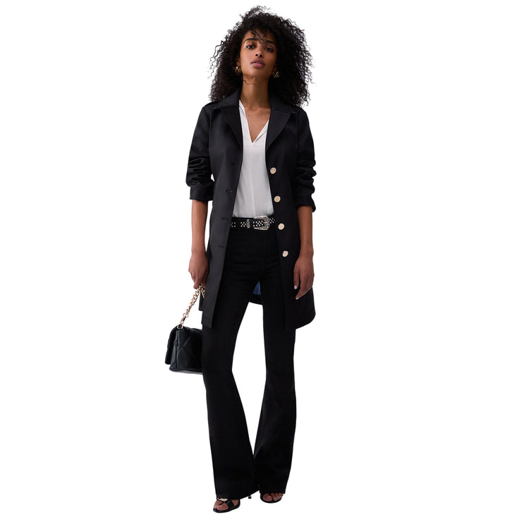 Trench nero lungo con cintura e bottoni oro