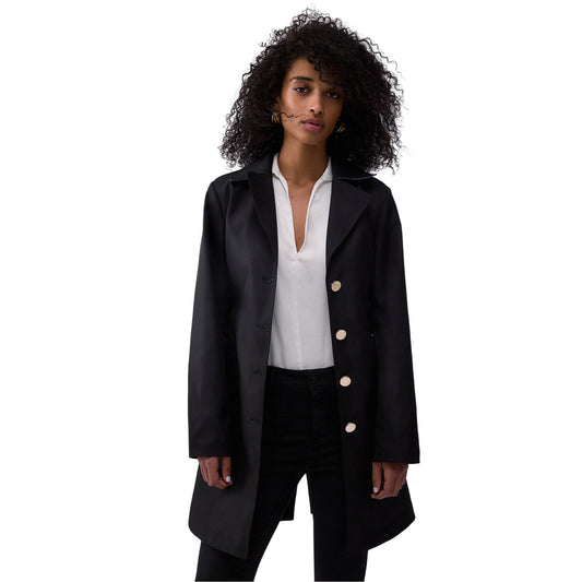 Trench nero lungo con cintura e bottoni oro