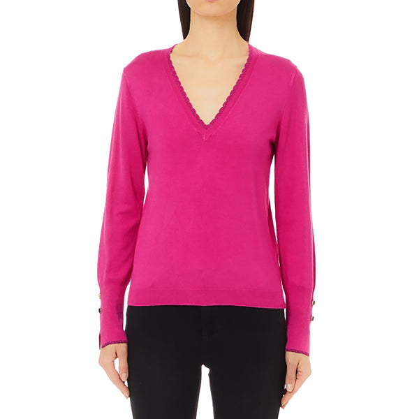 Maglia Donna con scollo a V e inserti lurex Fucsia modella frontale