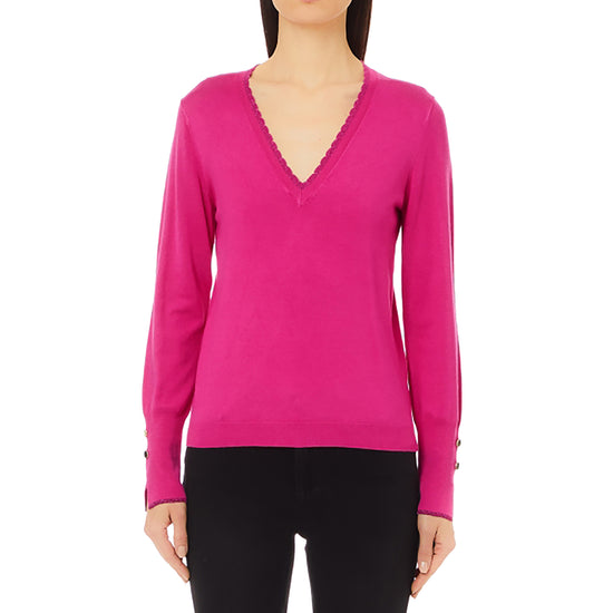 Maglia Donna con scollo a V e inserti lurex Fucsia modella frontale