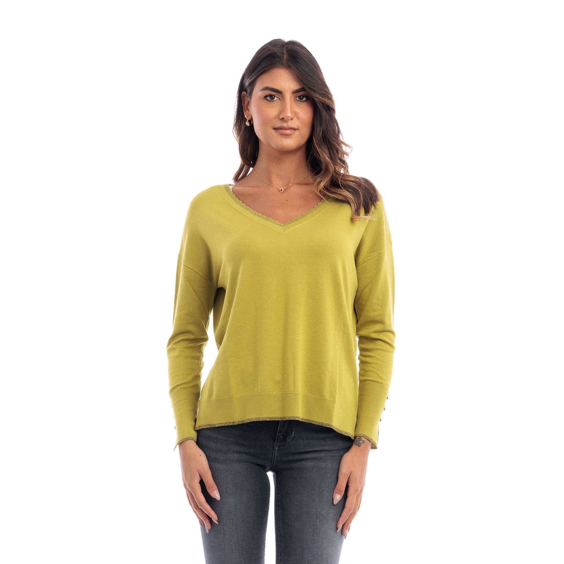 Maglia Donna Verde con inserti lurex sullo scollo frontale