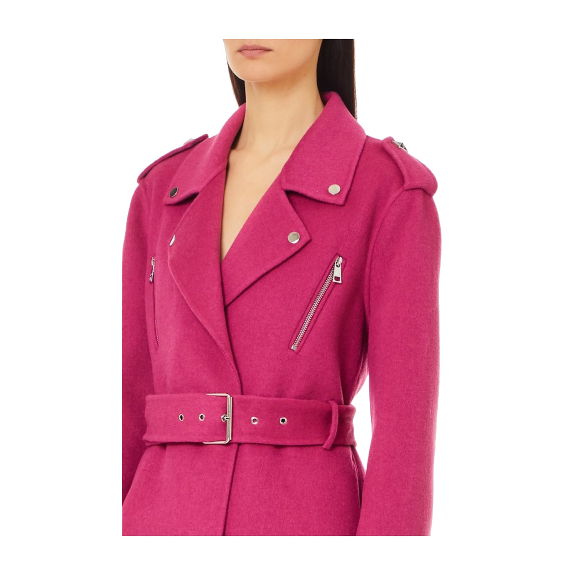 Cappotto Donna Biker in panno misto lana fucsia ravvicinato