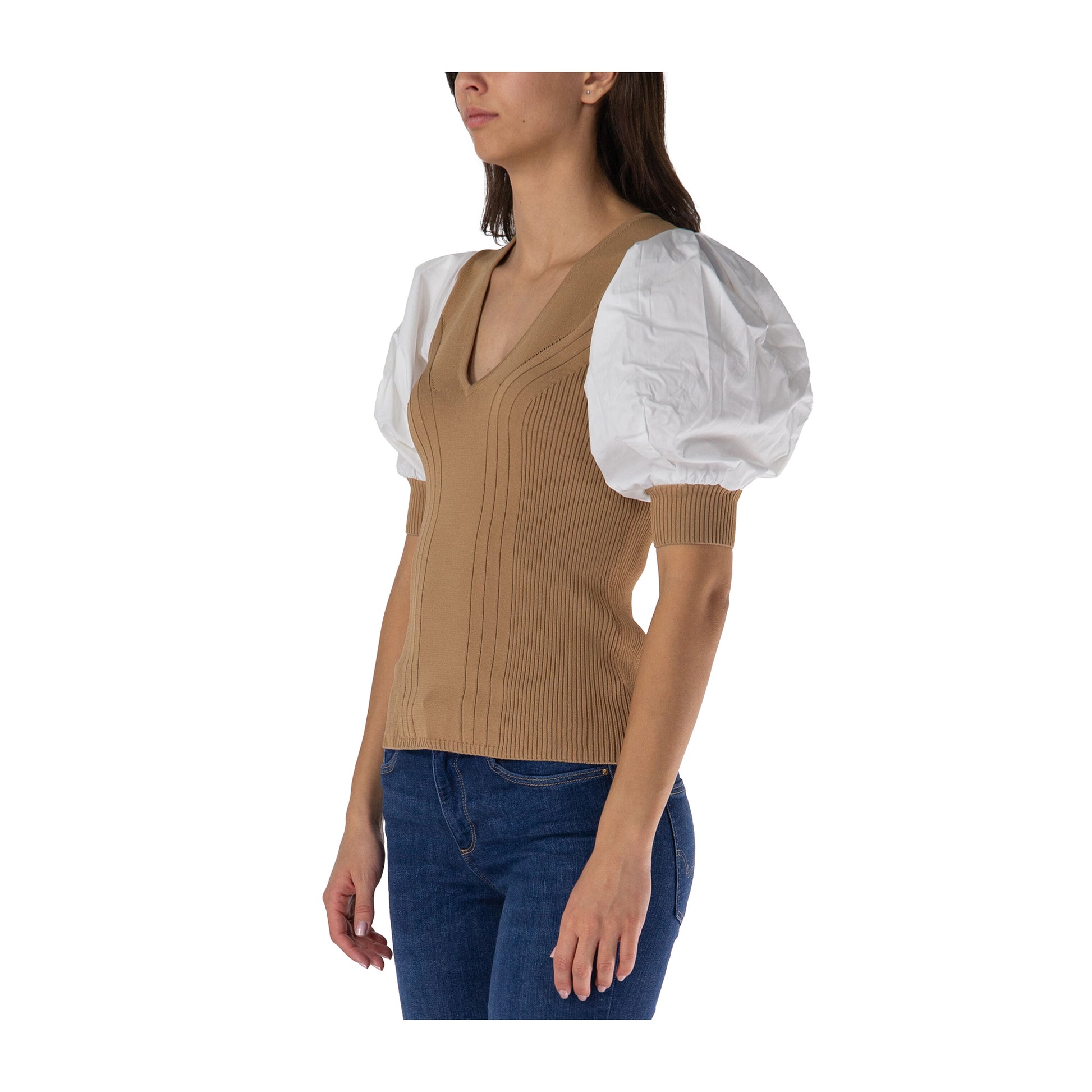 Top Donna con scollo a V Bicolor modella laterale