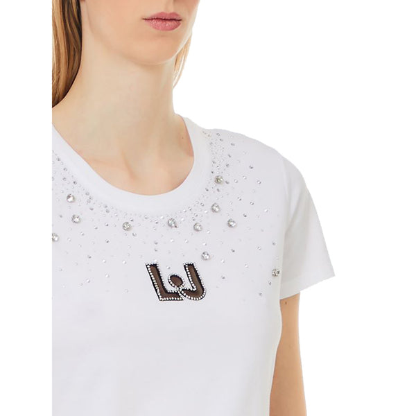 T-shirt Donna Bianco con logo e strass applicati dettaglio