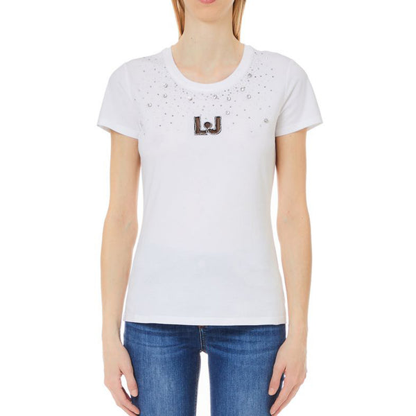 T-shirt Donna Bianco con logo e strass applicati modella frontale