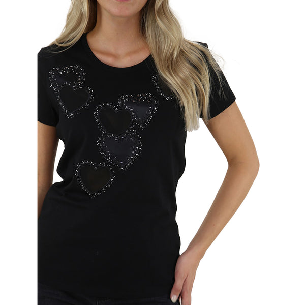 T-shirt Donna Nero con cuori e strass