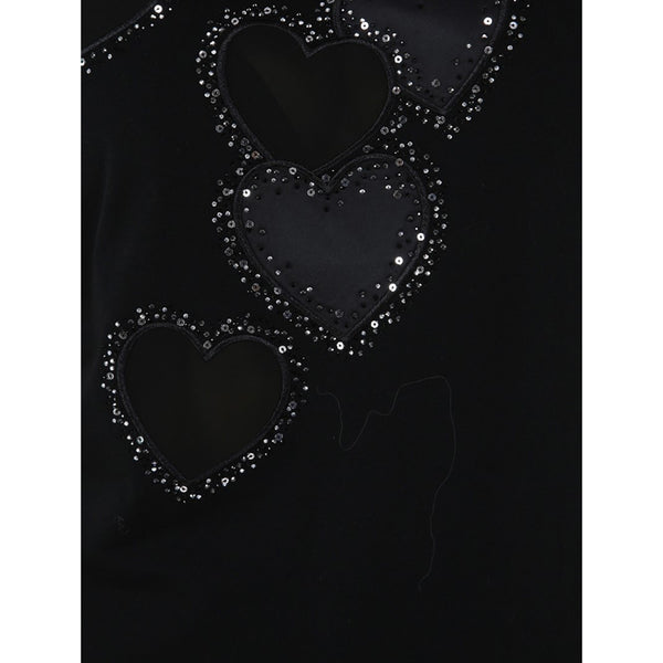 T-shirt Donna Nero con cuori e strass dettaglio