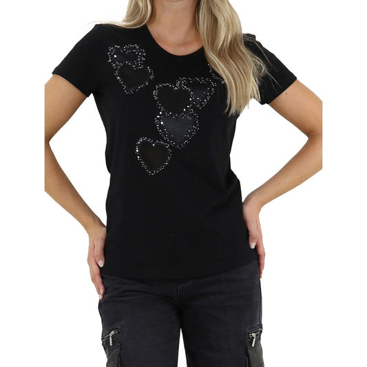 T-shirt Donna Nero con cuori e strass