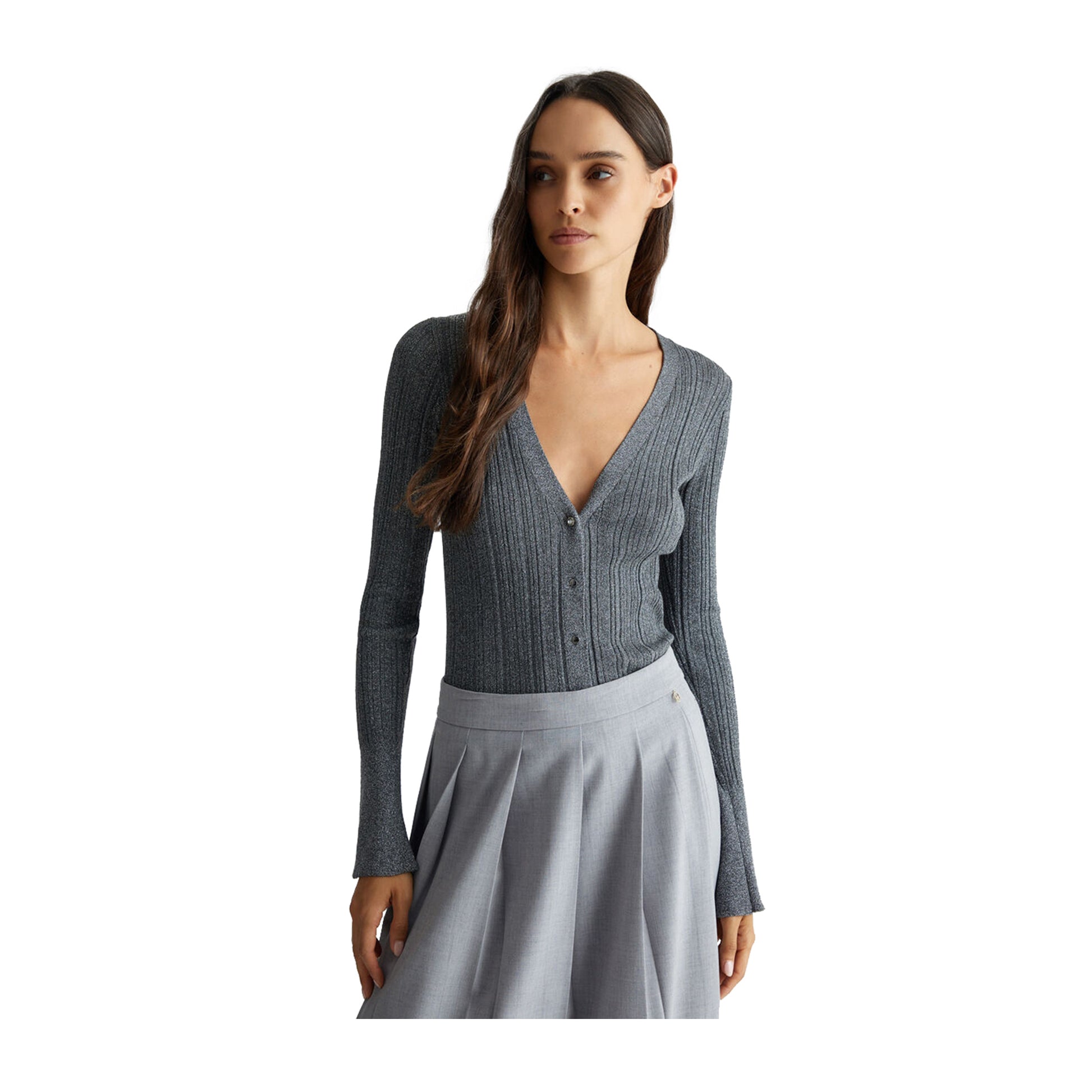 Cardigan Donna in maglia lurex grigio modella frontale