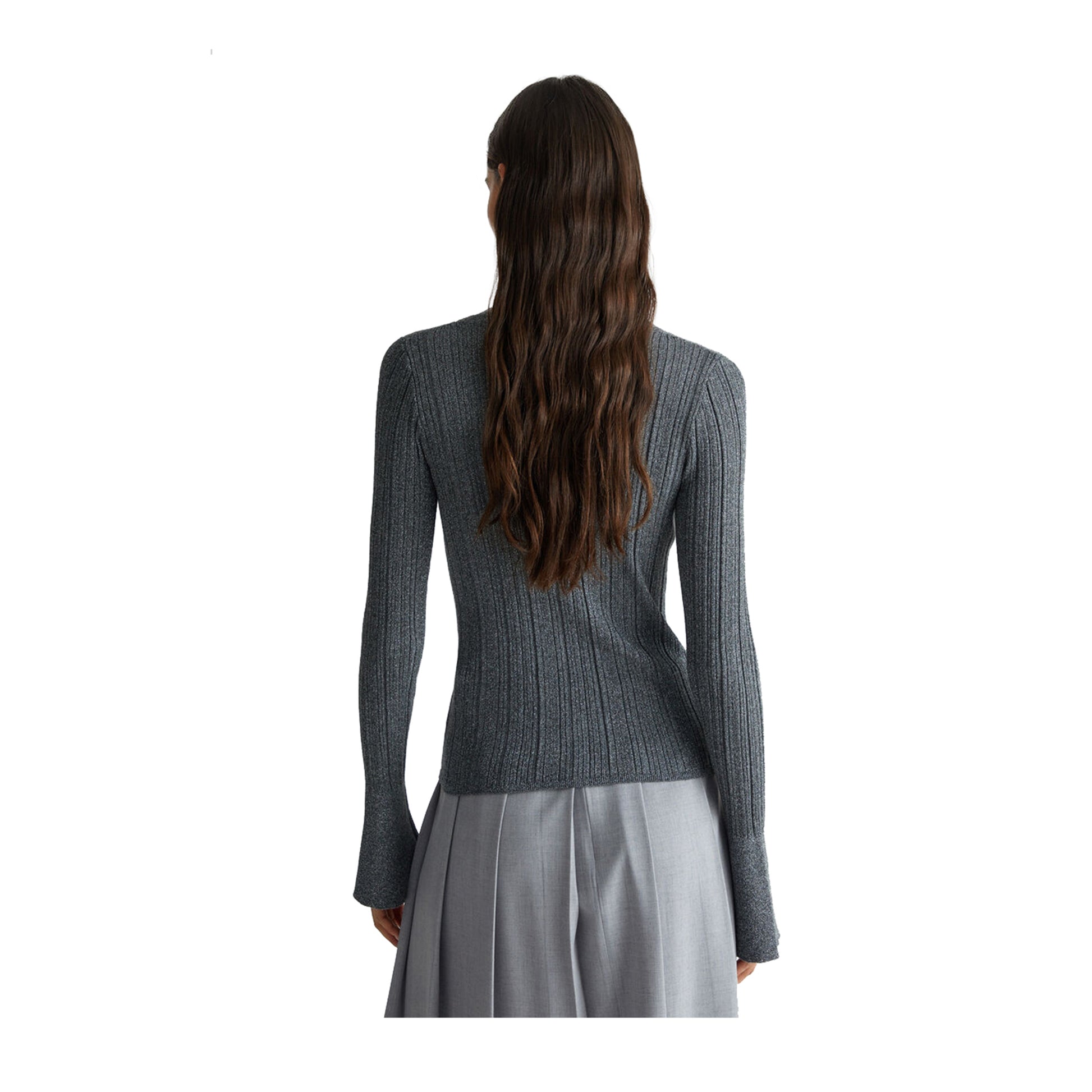 Cardigan Donna in maglia lurex grigio modella retro