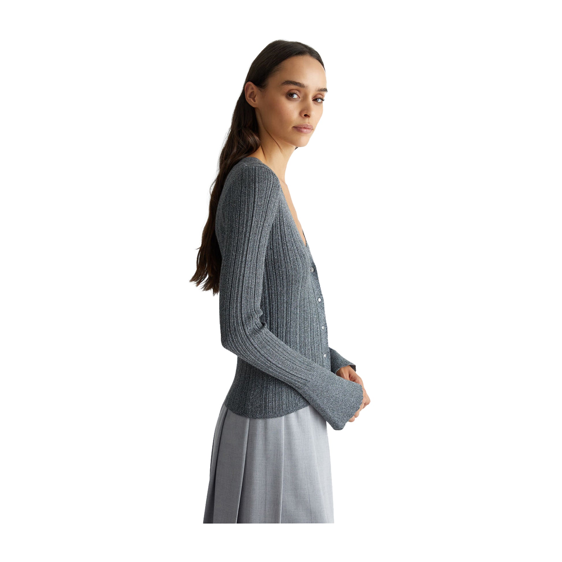 Cardigan Donna in maglia lurex grigio modella laterale