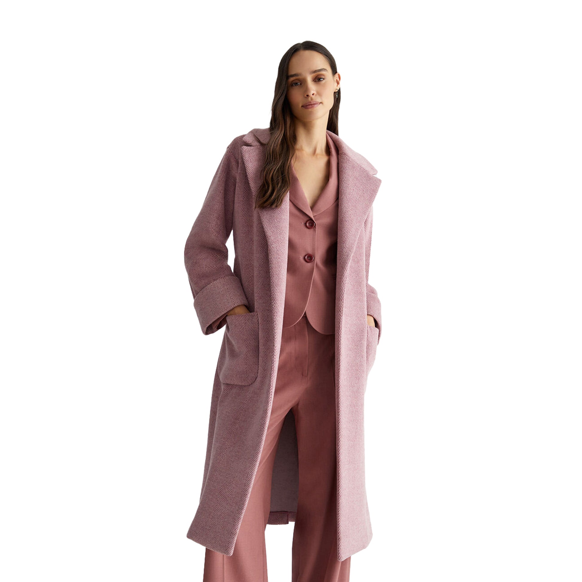 Cappotto lungo Donna chevron lurex Rosa modella frontale