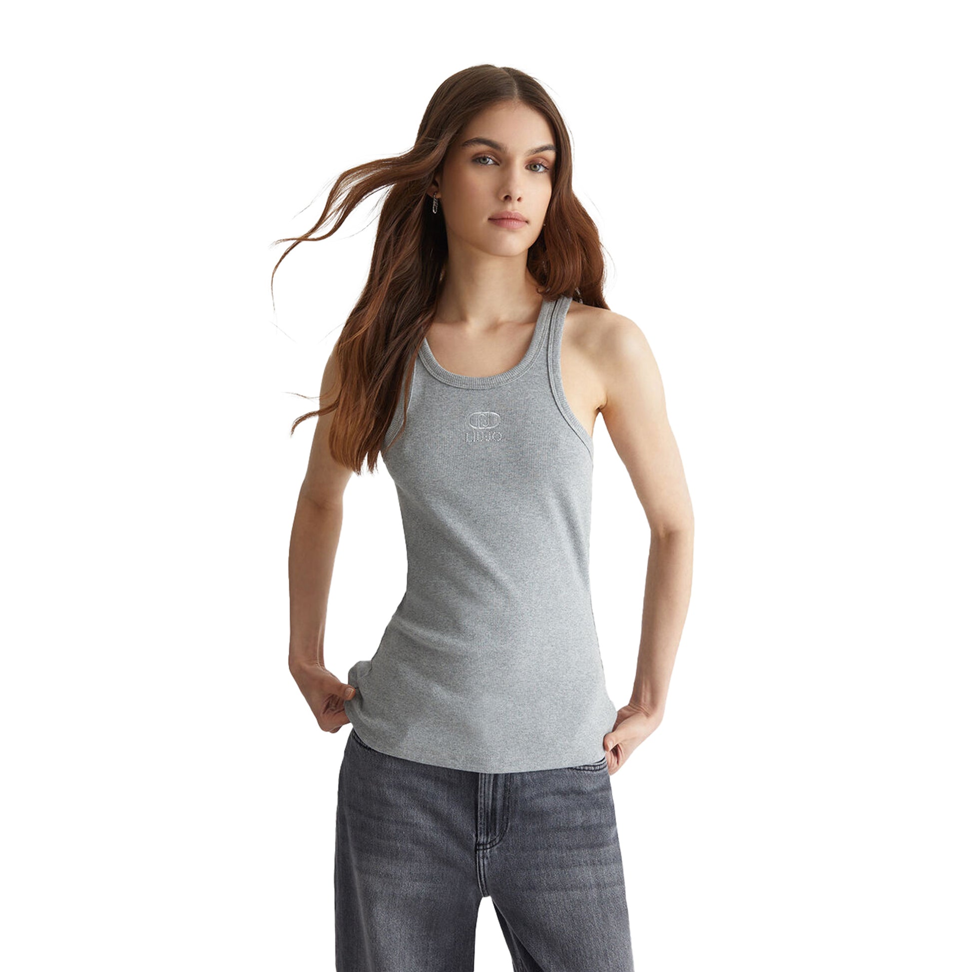 Top Donna a costine con logo Grigio modella frontale