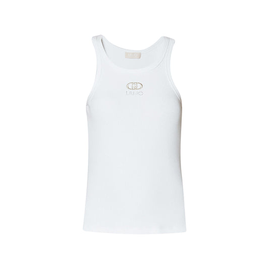 Top Donna a costine con logo Bianco