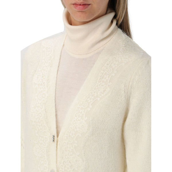 Cardigan Donna con pizzo e bottoni Bianco dettaglio frontale ravvicinato