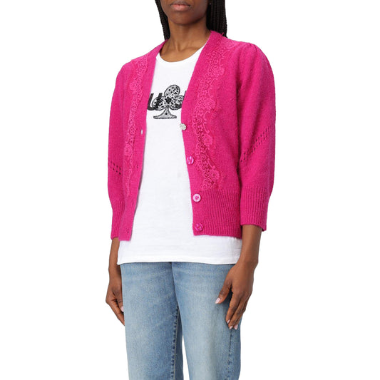 Cardigan aperto Donna con pizzo e bottoni Fucsia modella 