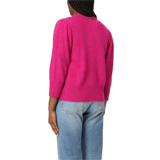 Cardigan Donna con pizzo e bottoni Fucsia modella retro