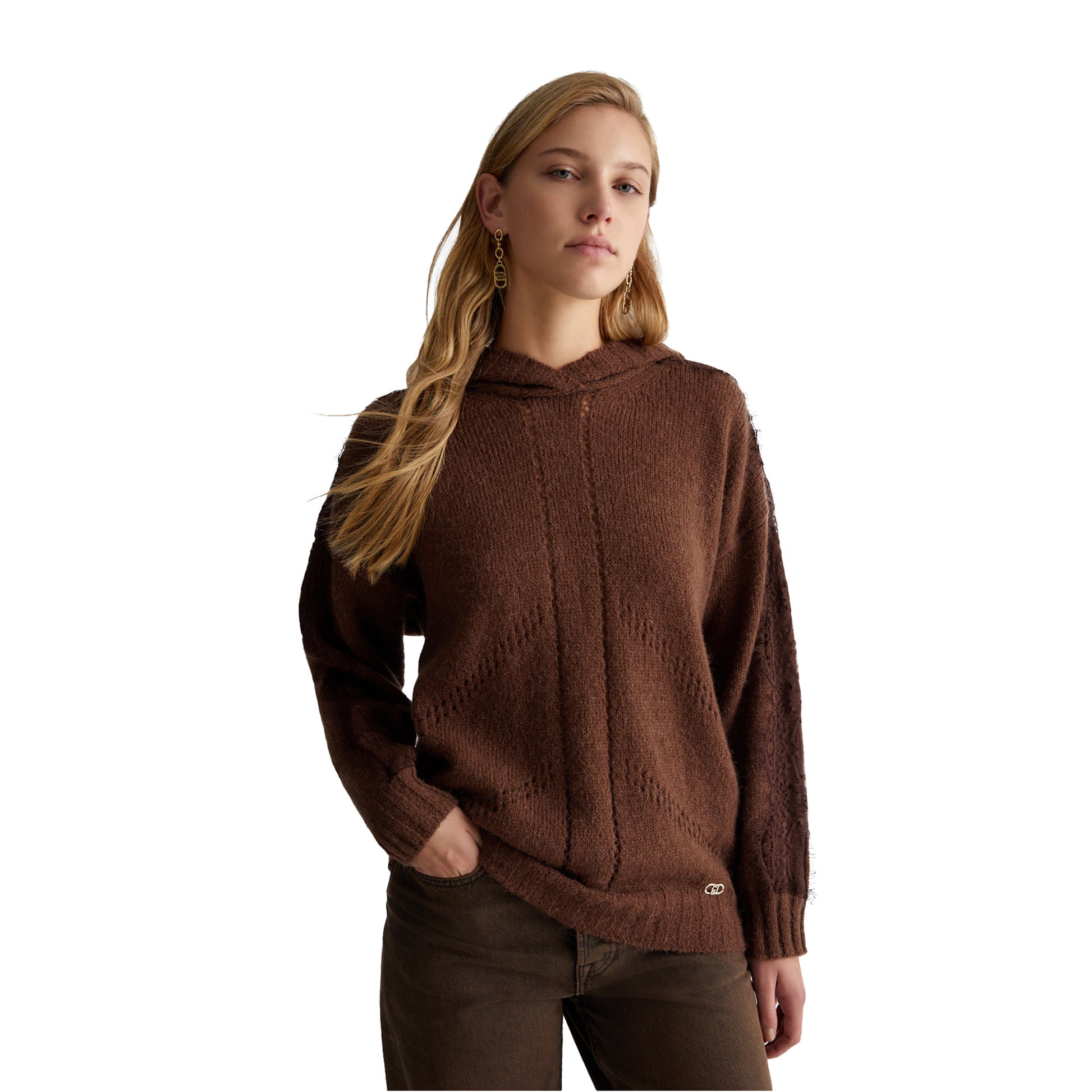 Maglione Donna con cappuccio Marrone modella frontale 