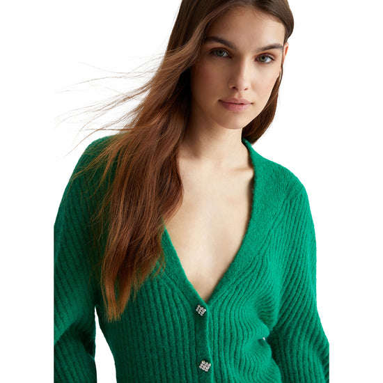 Cardigan donna in misto lana a coste Verde modella frontale ravvicinata