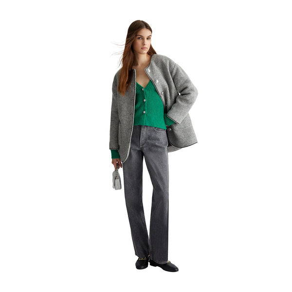 Cardigan donna in misto lana a coste Verde modella intera frontale