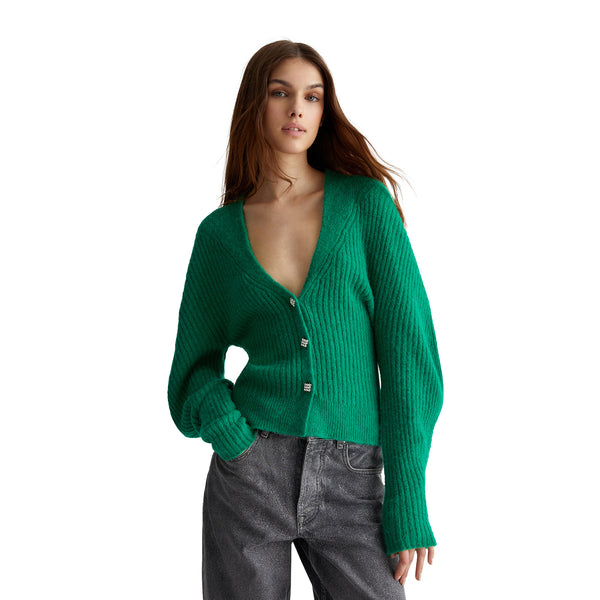 Cardigan donna in misto lana a coste Verde modella frontale