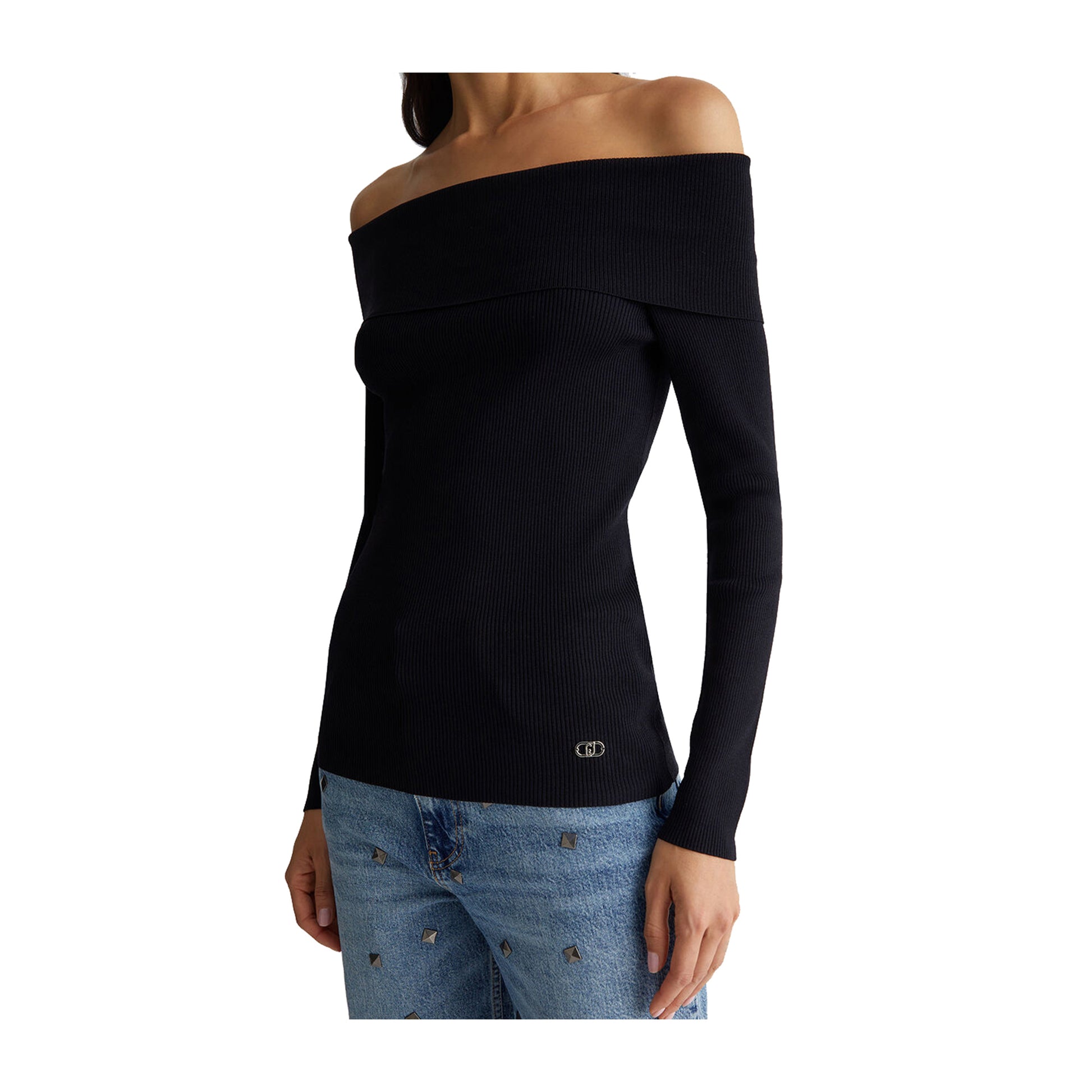 Top Donna in maglia a costine nera modella frontale