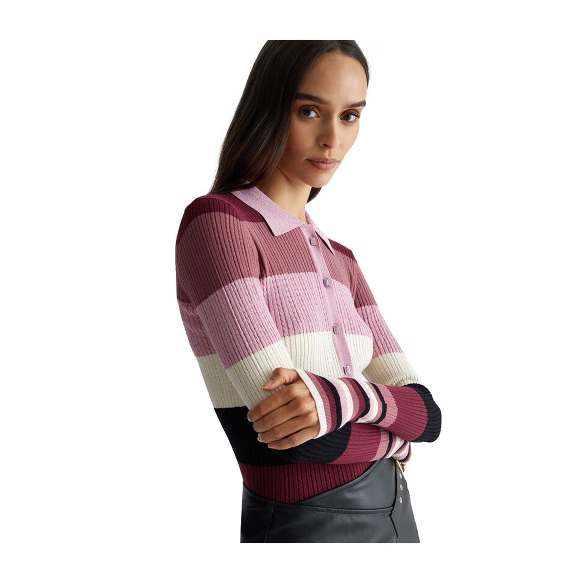 modella laterale con Maglia Donna a righe con colletto polo 