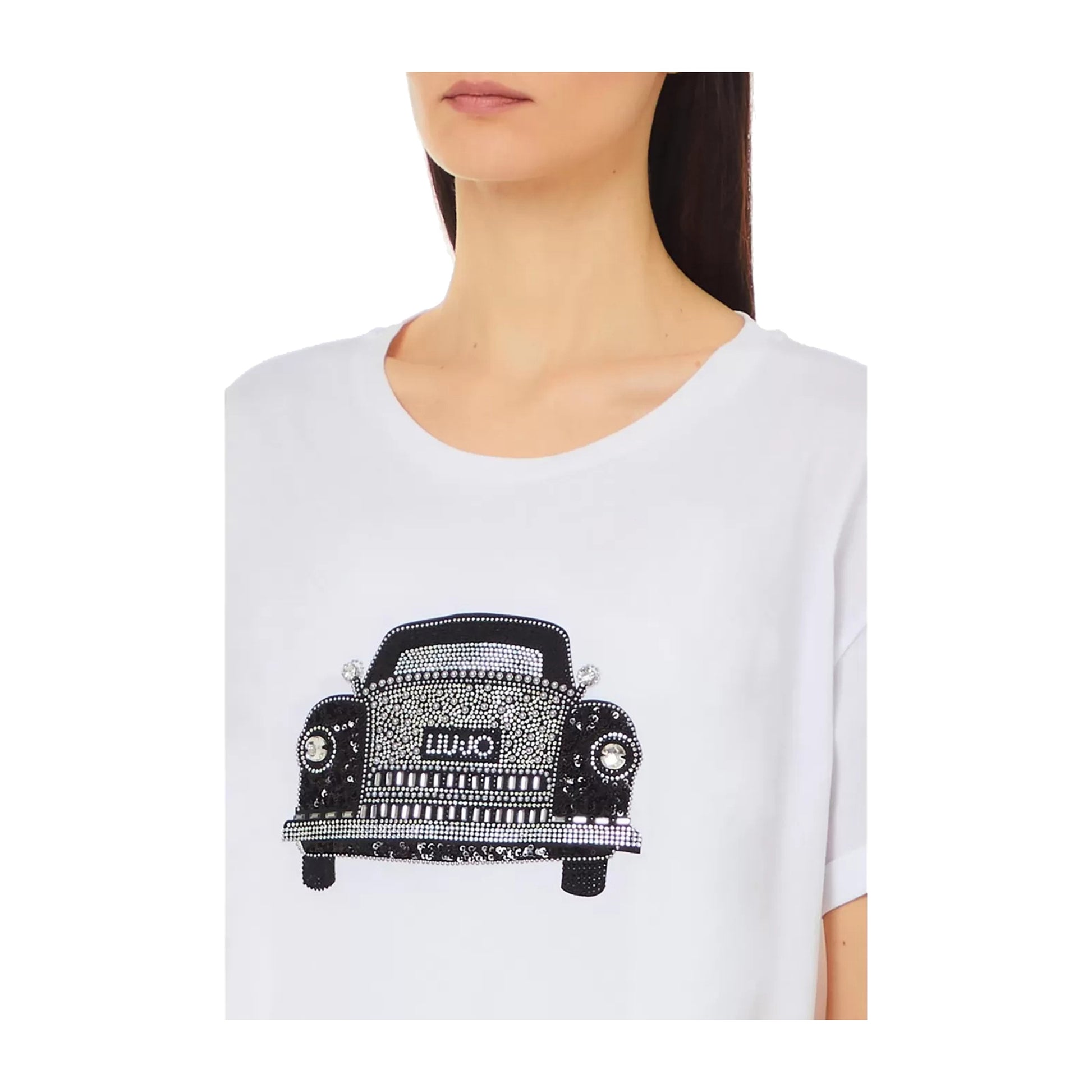 T-shirt Donna Bianca con decorazione macchina dettaglio frontale