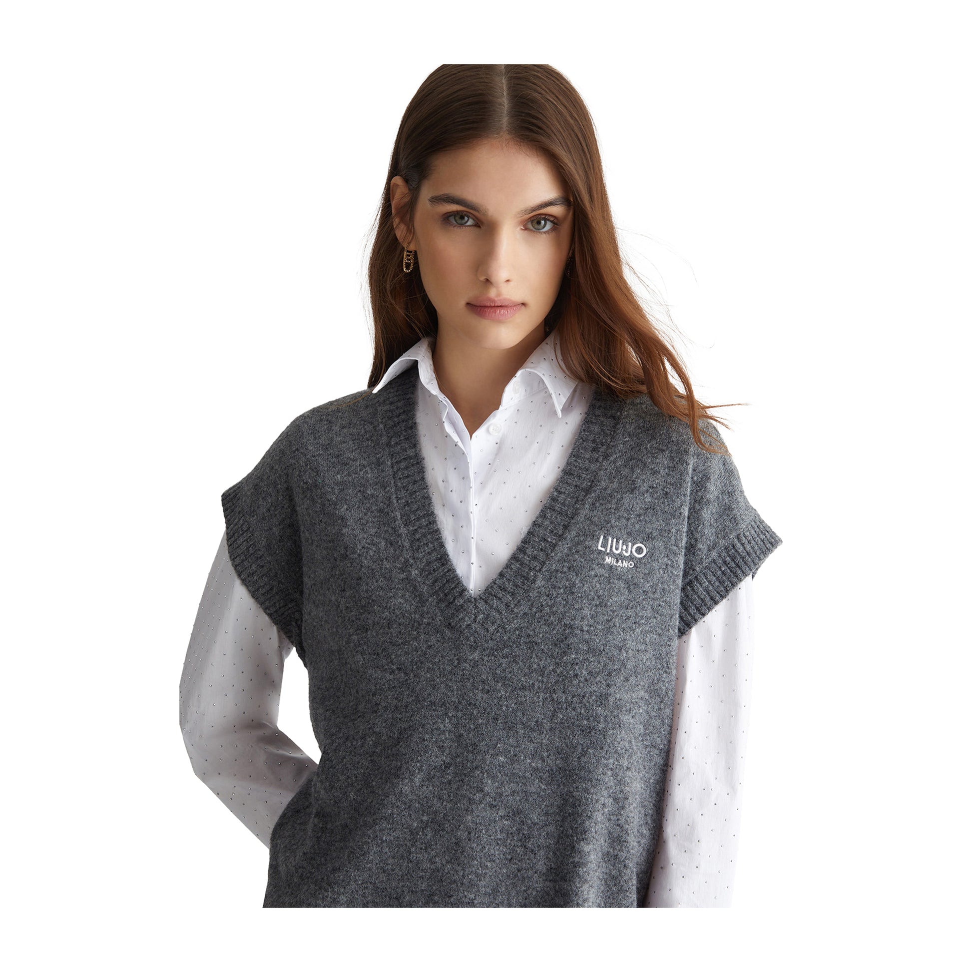 Gilet Donna in maglia Grigio modella ravvicinata frontale