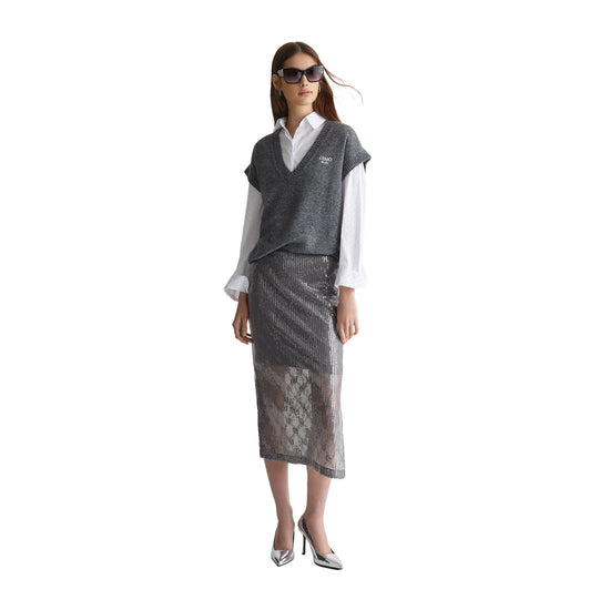 Gilet Donna in maglia Grigio modella intera frontale