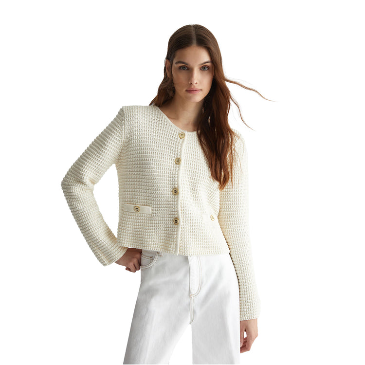 Cardigan Donna in maglia Bianco modella frontale