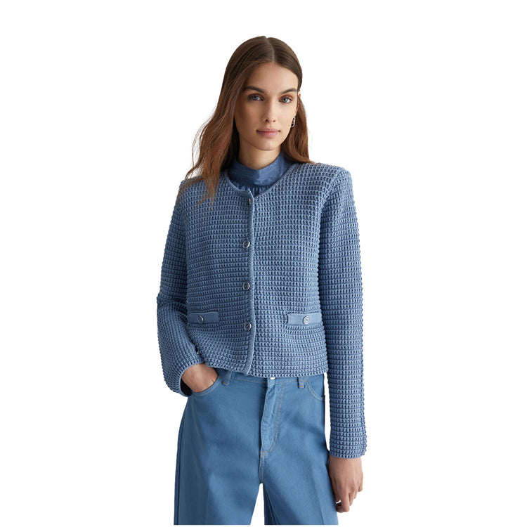 Cardigan Donna in maglia Blu modella frontale