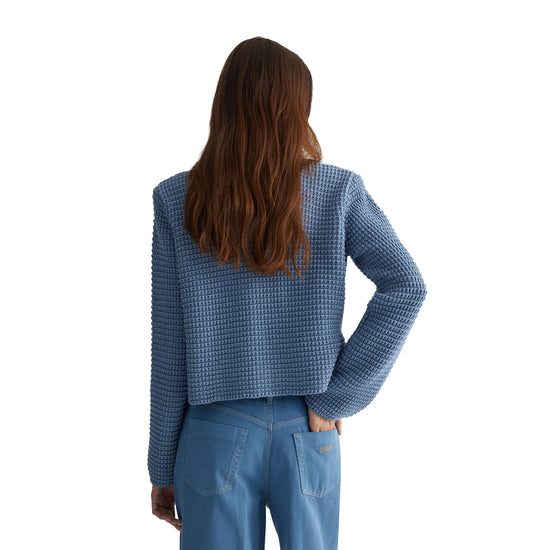 Cardigan Donna in maglia Blu modella retro