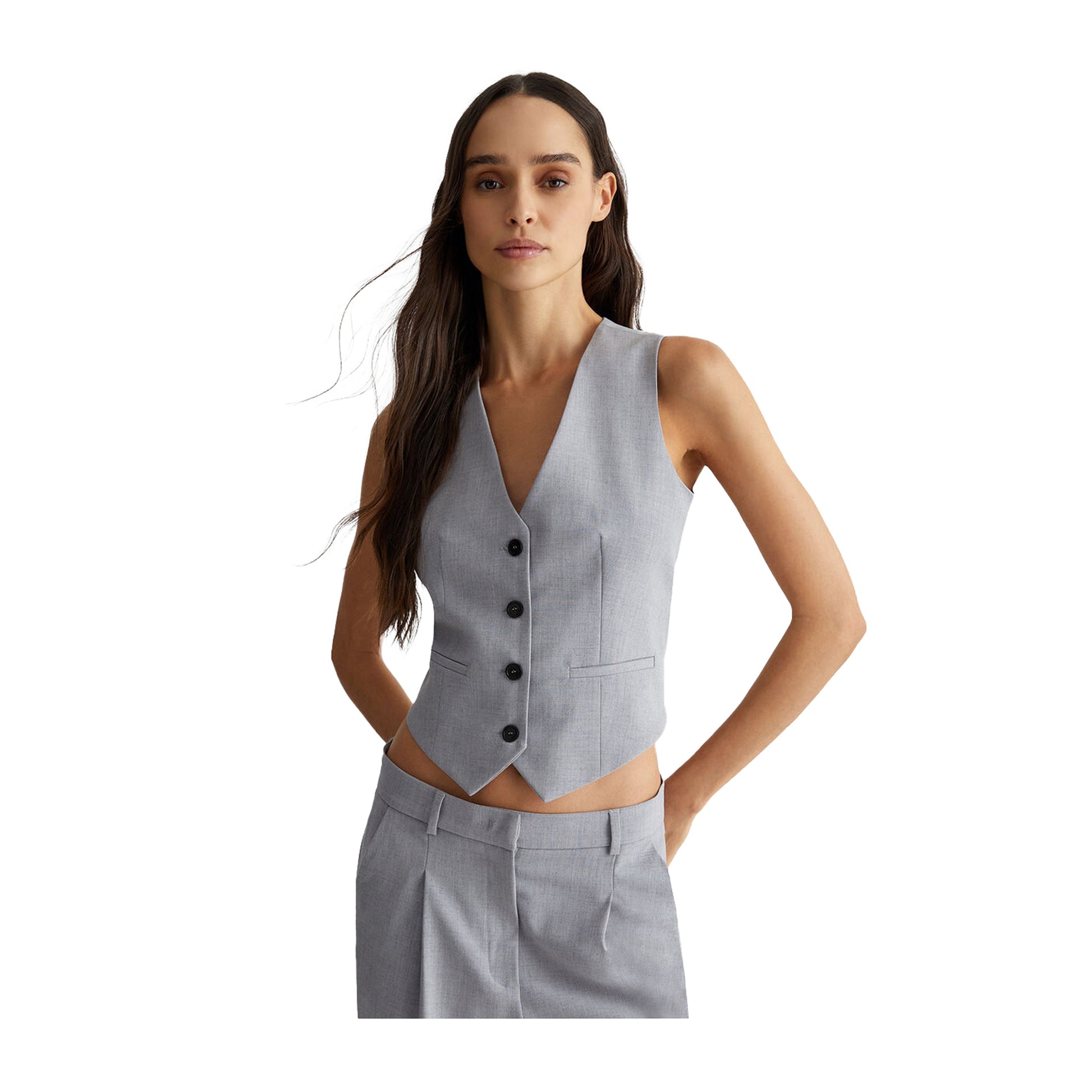 Gilet Donna in Twill grigio con scollo a V modella frontale