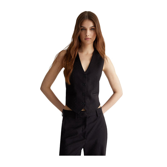 Gilet Donna in Twill nero con applicazioni modella frontale