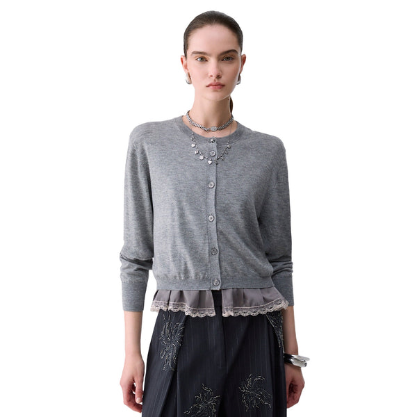 Cardigan Donna con dettaglio lingerie Grigio modella frontale