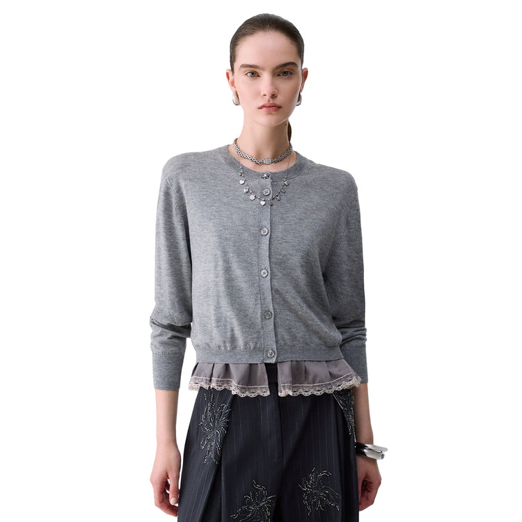 Cardigan Donna con dettaglio lingerie Grigio modella frontale
