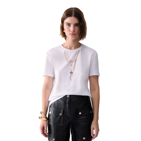 T-shirt Donna con stampa charm e chains in colore bianco modella frontale