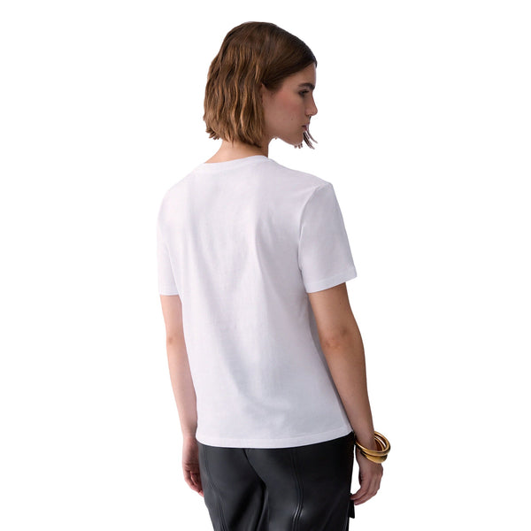 T-shirt Donna con stampa charm e chains in colore bianco modella retro