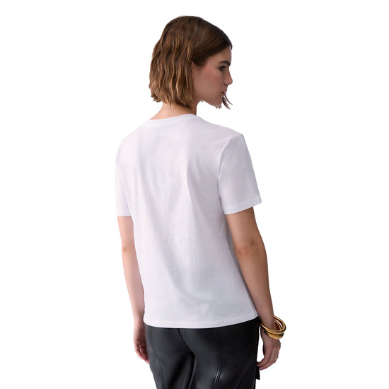 T-shirt Donna con stampa charm e chains in colore bianco modella retro