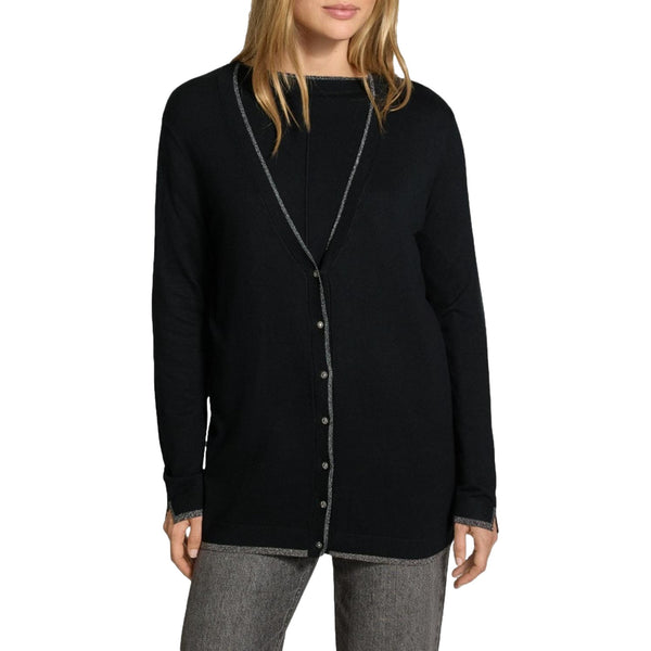 Cardigan Donna con profili lurex Nero modella frontale
