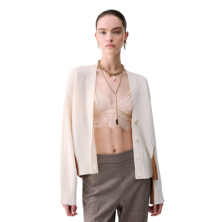 Cardigan Donna color block bianco modella frontale