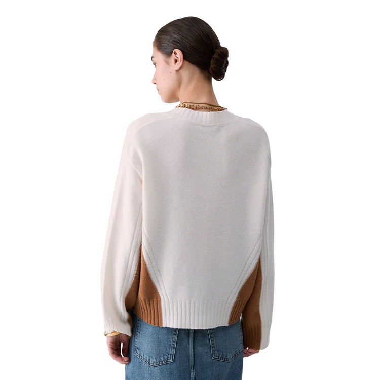 Maglia Donna color block bianco con scollo V modella retro