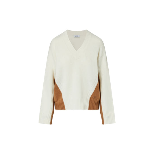 Maglia Donna color block bianco con scollo V