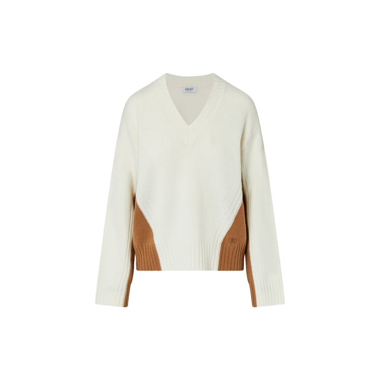 Maglia Donna color block bianco con scollo V