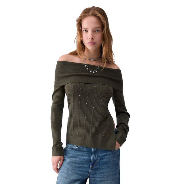 Maglia Donna con scollo bardot Verde modella frontale